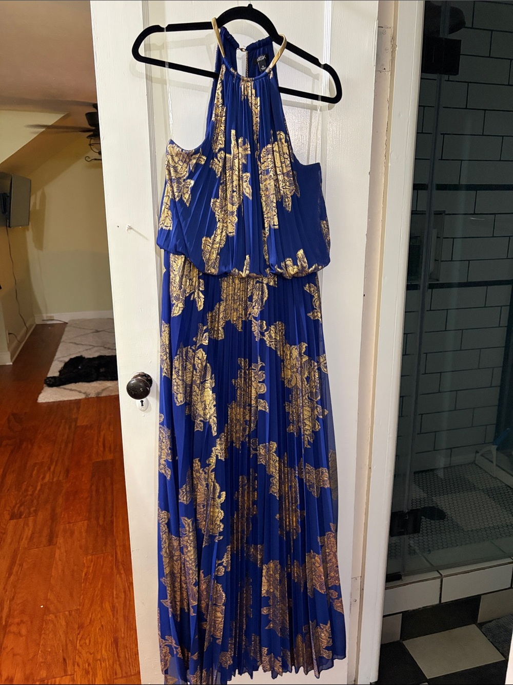 MSK Royal Blue Halter Maxi Dress with Gold Floral Print